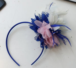 Blue Baby Pink and Cream Flower Fascinator on Headband
