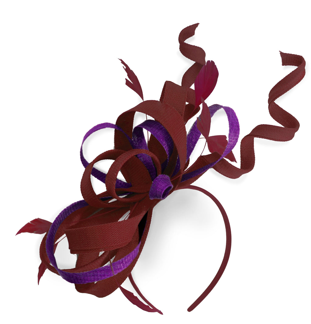 Caprilite Bourgogne et Violet Foncé Mariage Swirl Fascinator Bandeau Alice Band Ascot Races Loop Net