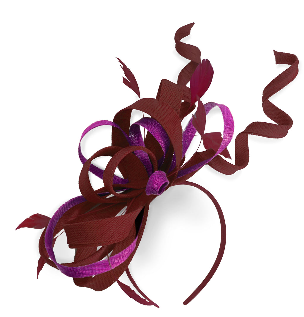 Caprilite Bourgogne et Prune Mariage Tourbillon Fascinator Bandeau Alice Band Ascot Races Loop Net