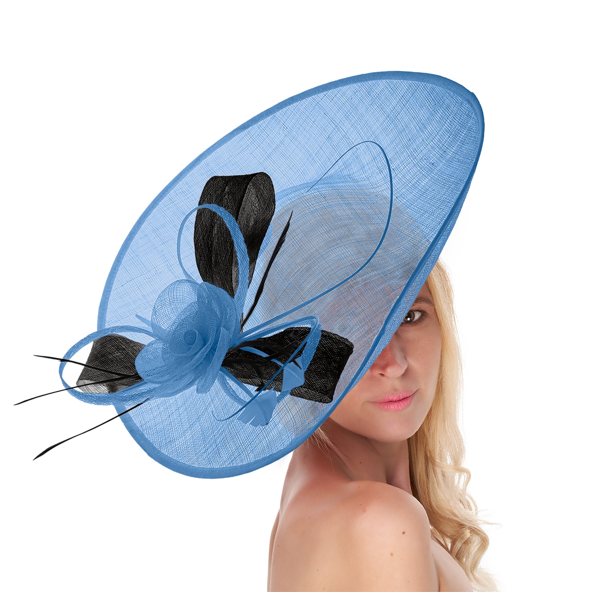 Cornflower Blue Black Mix 41cm Mix Large Sinamay Hatinator Disc Saucer Brim Hat Fascinator on Headband