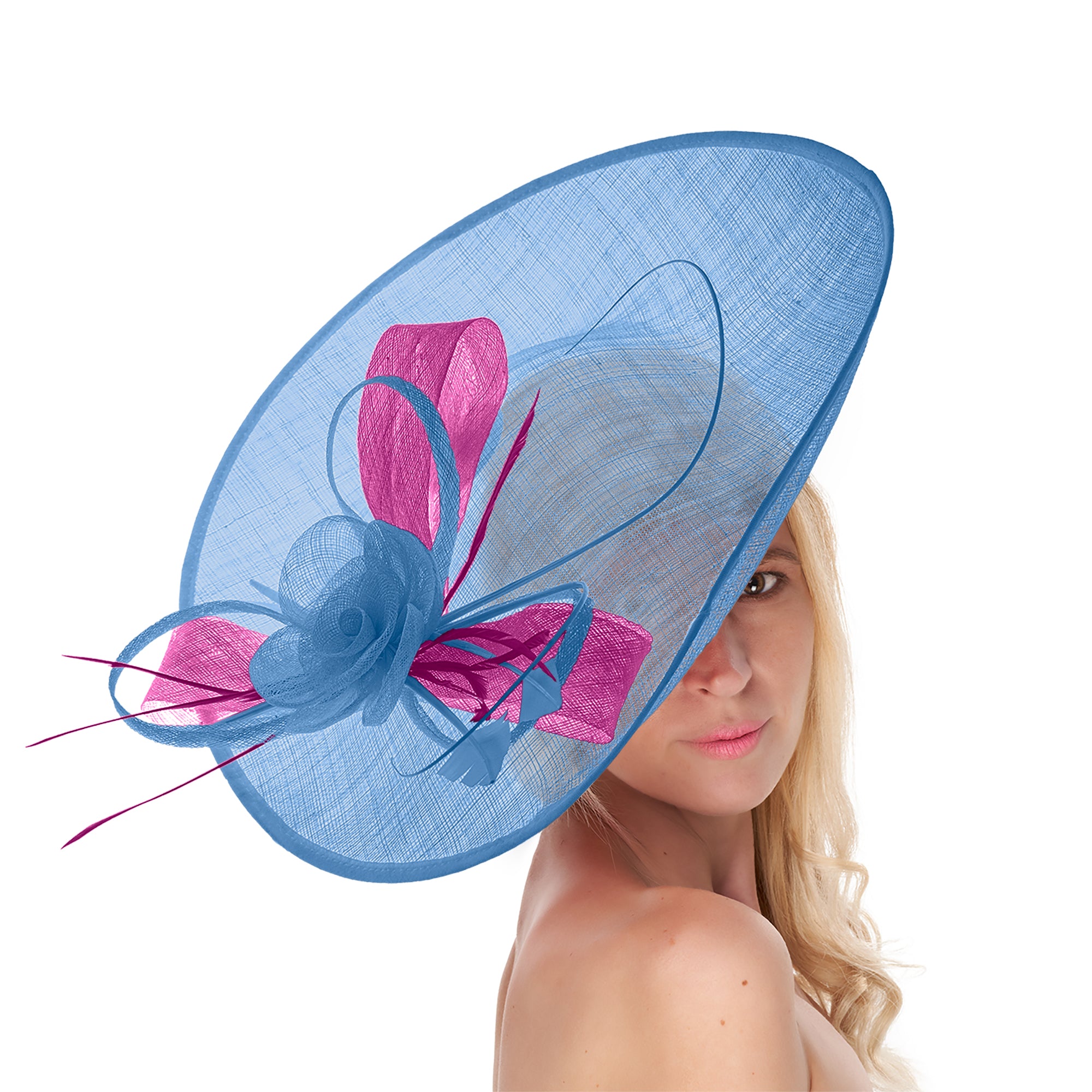 Cornflower Blue Fuchsia Pink Mix 41cm Mix Large Sinamay Hatinator Disc Saucer Brim Hat Fascinator on Headband