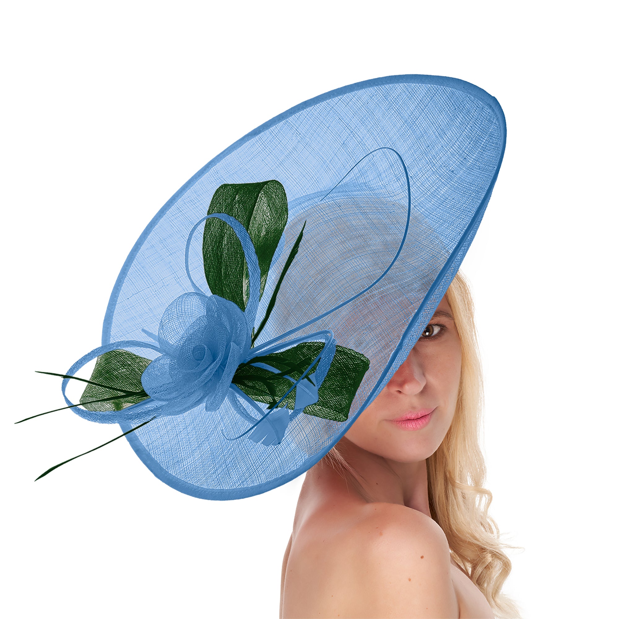 Cornflower Blue Green Mix 41cm Mix Large Sinamay Hatinator Disc Saucer Brim Hat Fascinator on Headband