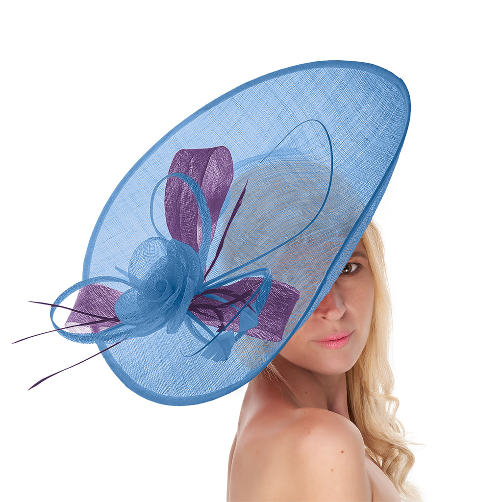 Cornflower Blue Lavender Mix 41cm Mix Large Sinamay Hatinator Disc Saucer Brim Hat Fascinator on Headband