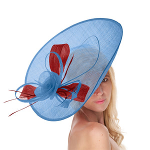 Cornflower Blue Red Mix 41cm Mix Large Sinamay Hatinator Disc Saucer Brim Hat Fascinator on Headband