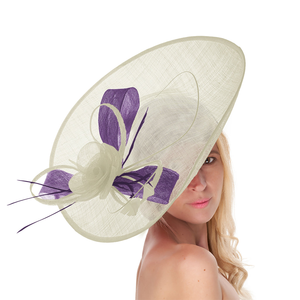 Cream Ivory Lavender Mix 41cm Large SInamay Hatinator Disc Saucer Brim Hat Fascinator on Headband