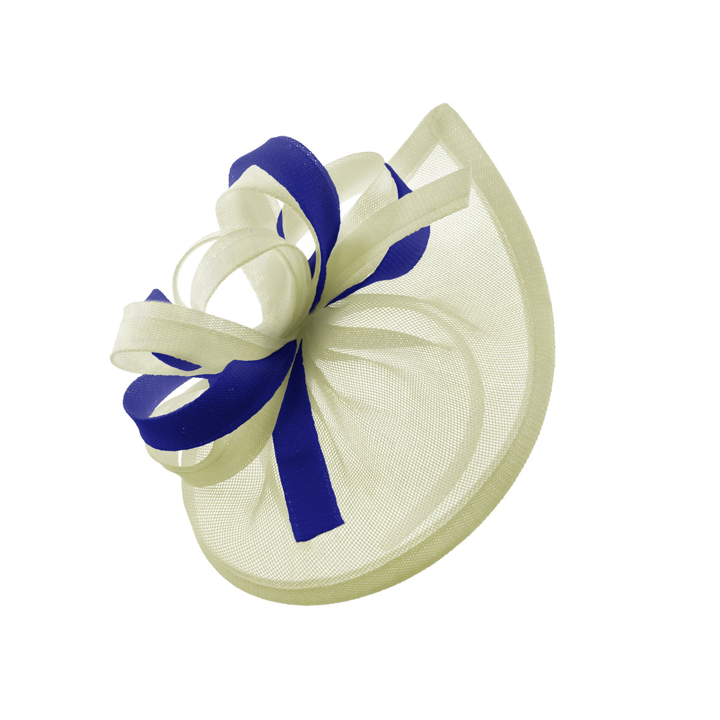 Caprilite Vegan MoonMix Hoop Fascinator Chapeau sur bandeau Mariage Ascot Races Sur mesure Sinamay Disc - Crème Bleu Royal