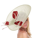 Crème Ivoire Rouge Mix 41 cm Grand SInamay Hatinator Disc Soucoupe Bord Chapeau Fascinateur sur Bandeau