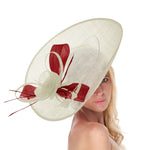 Cream Ivory Red Mix 41cm Large SInamay Hatinator Disc Saucer Brim Hat Fascinator on Headband