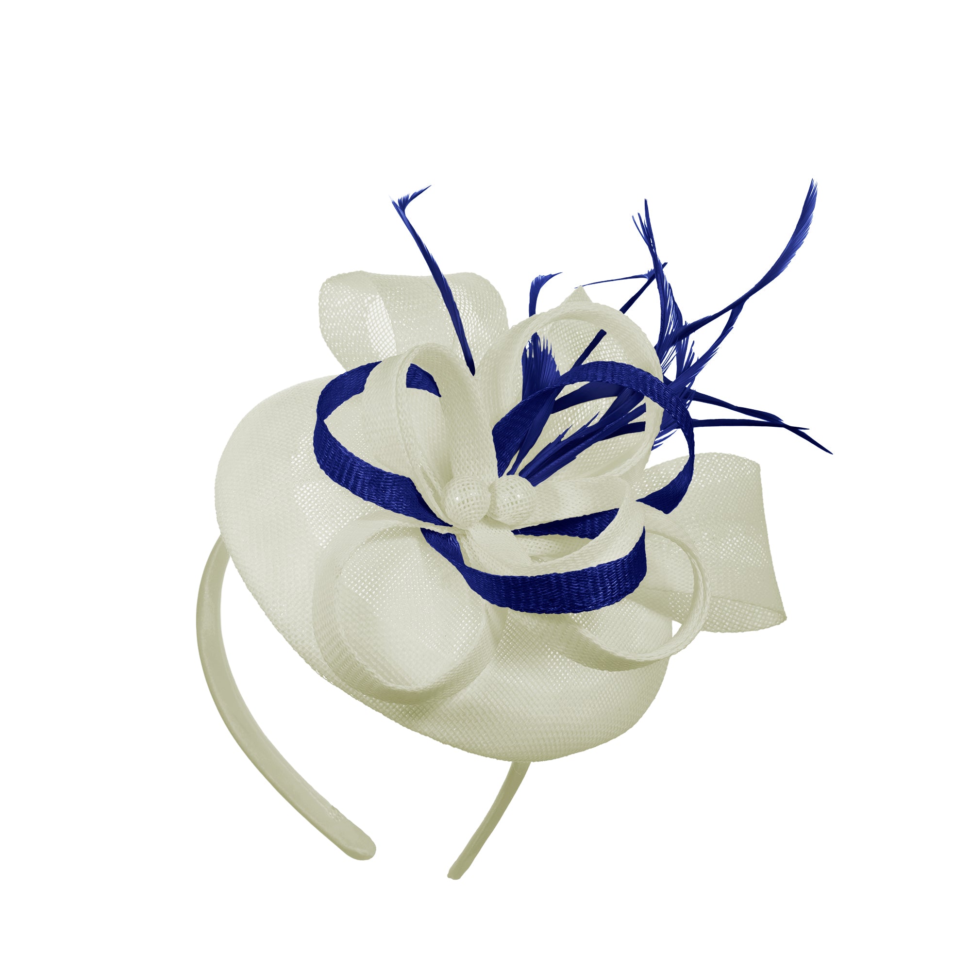 Cream Royal Blue Mix Round Pillbox Bow Sinamay Headband Fascinator Weddings Ascot Hatinator Races