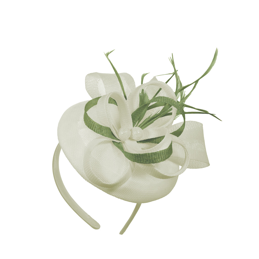 Crème Sage Mix Round Pillbox Bow Sinamay Bandeau Fascinator Mariages Ascot Hatinator Races