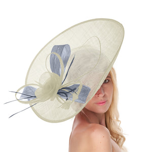 Cream Ivory Silver Mix 41cm Large SInamay Hatinator Disc Saucer Brim Hat Fascinator on Headband