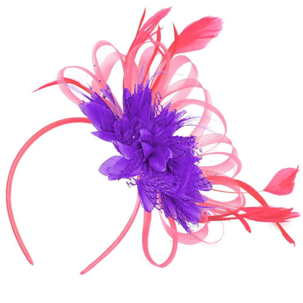 Fascinator Hoopmix corail et violet sur bandeau