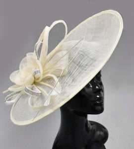 Cream Ivory Diamante 41cm Large SInamay Hatinator Disc Saucer Brim Hat Fascinator on Headband