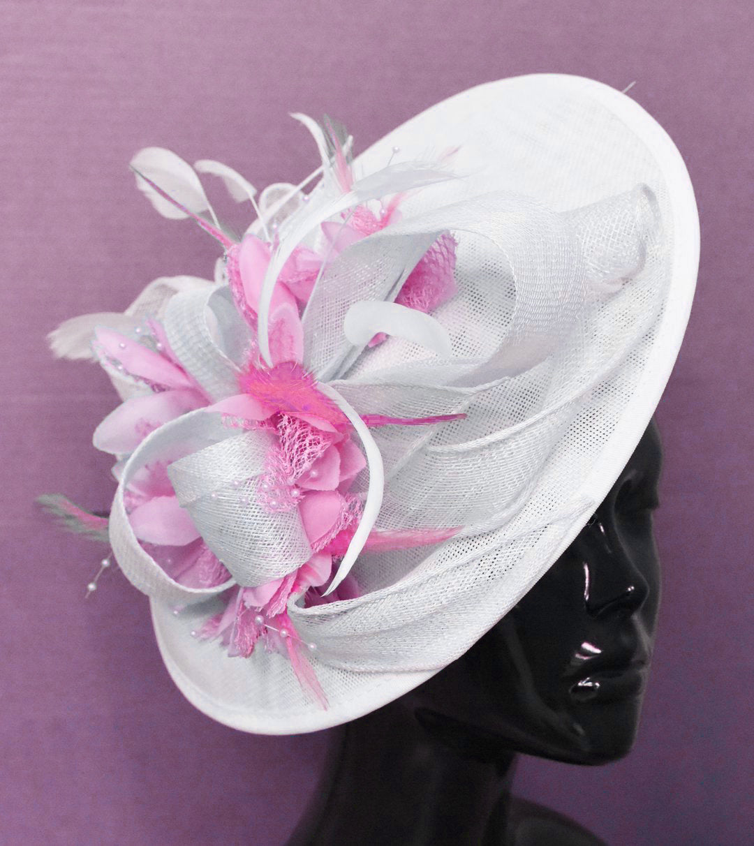 Caprilite Big Saucer Sinamay White & Light Baby Pink Flowers Fascinator On Headband