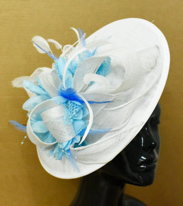 Caprilite Big Saucer Sinamay White & Light Blue Flowers Fascinator On Headband