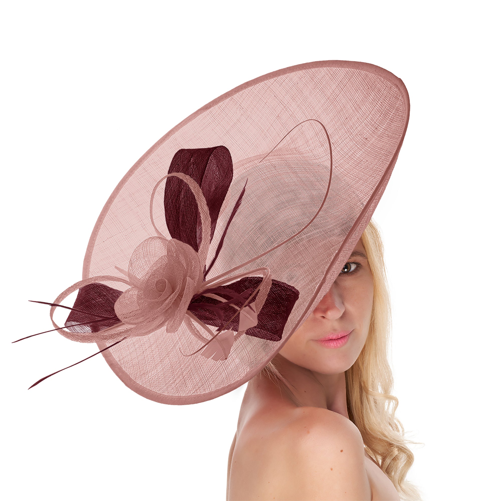 Dusty Pink Burgundy 41cm Large Sinamay Hatinator Disc Saucer Brim Hat Fascinator on Headband