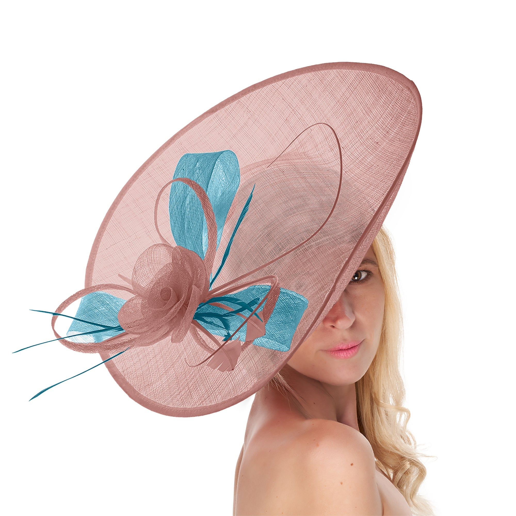 Dusty Pink Cornflower 41cm Large Sinamay Hatinator Disc Saucer Brim Hat Fascinator on Headband