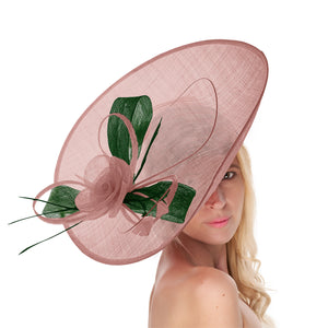 Dusty Pink Green 41cm Large Sinamay Hatinator Disc Saucer Brim Hat Fascinator on Headband