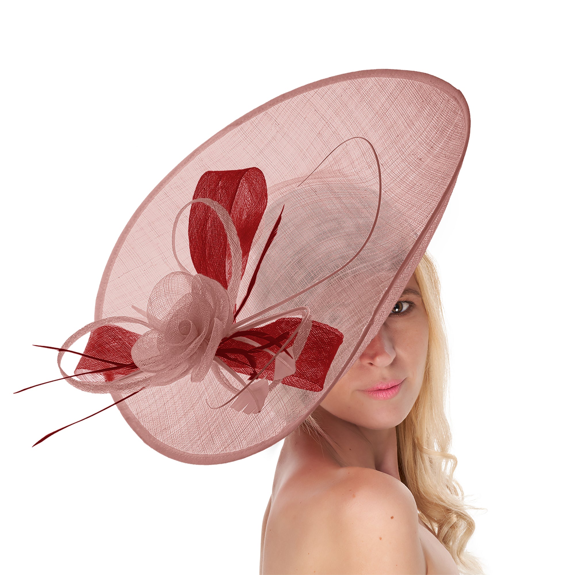 Dusty Pink Red 41cm Large Sinamay Hatinator Disc Saucer Brim Hat Fascinator on Headband