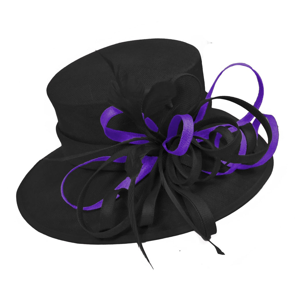 Black and Dark Purple Large Queen Brim Hat Occasion Hatinator Fascinator Weddings Formal