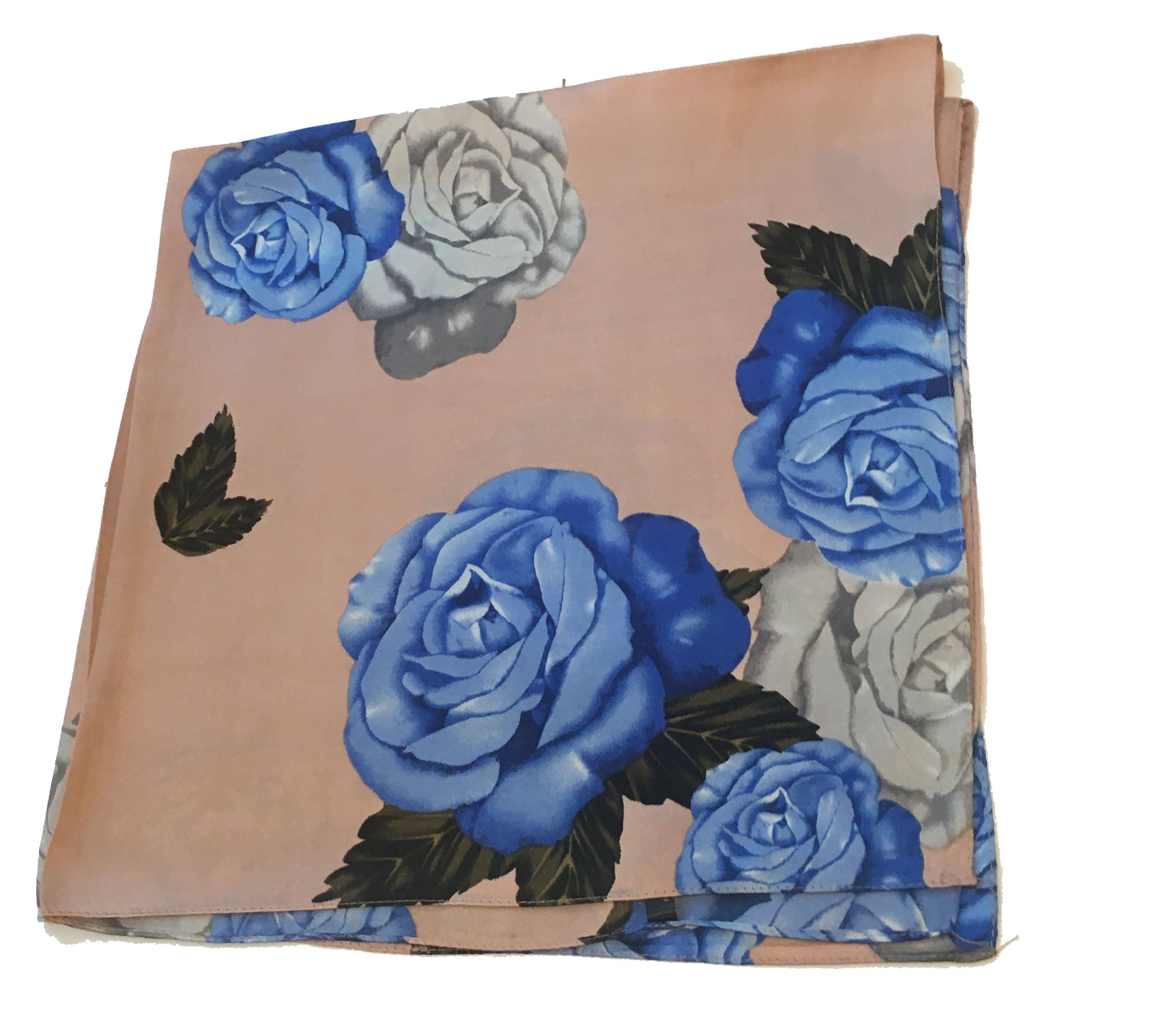 70cm x 70cm Square Scarf Dusty Pink Cornflower Blue Rose Pattern Print Thin Silky Womens