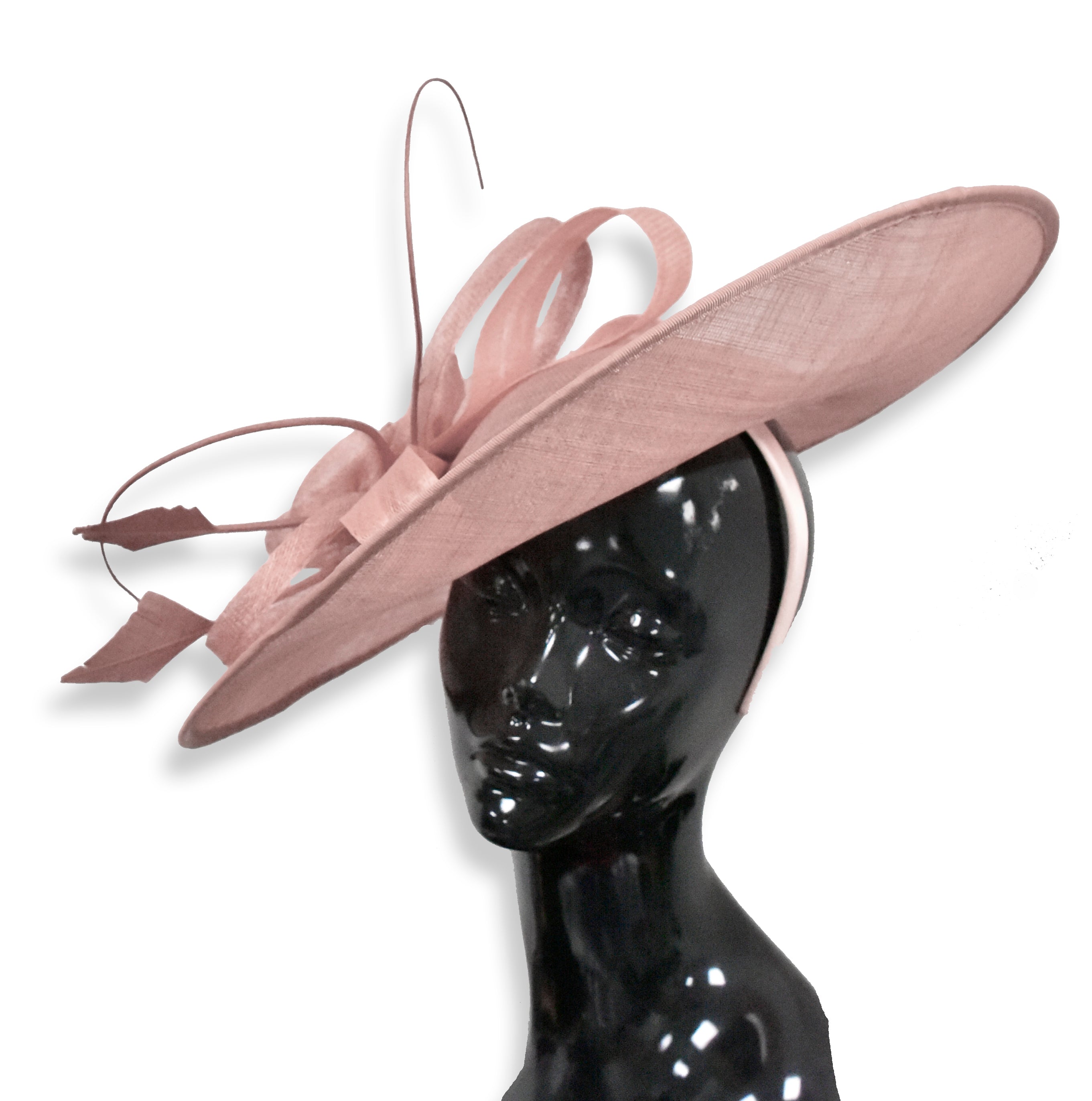 Rose poussiéreux argent 41 cm grand Sinamay Hatinator disque soucoupe bord chapeau bibi sur bandeau