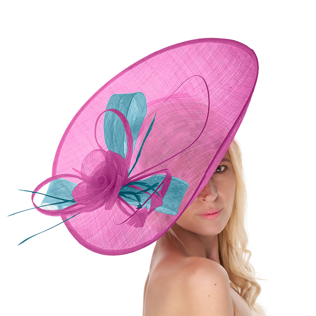 Fuchsia Hot Pink Bleuet Mélange 41cm Grand SInamay Hatinator Disc Soucoupe Bord Chapeau Fascinateur sur Bandeau