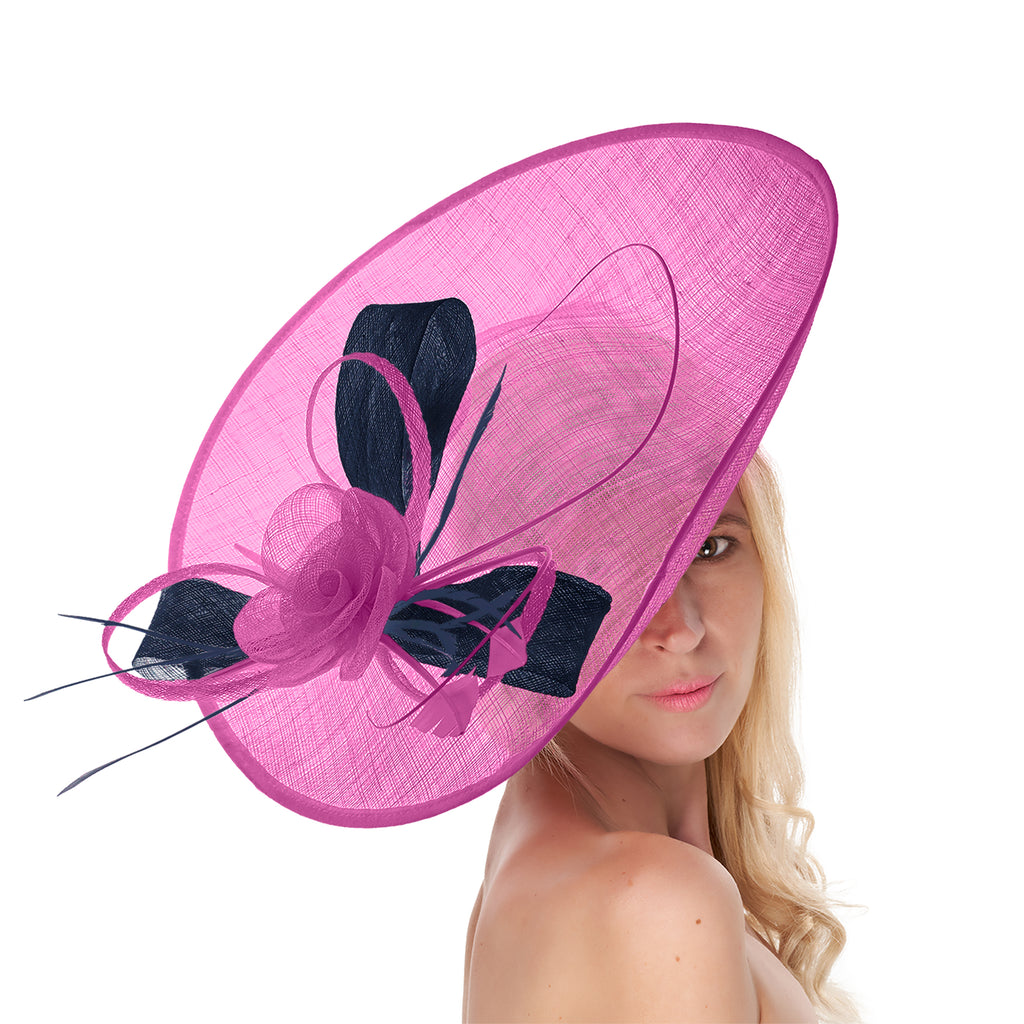 Fuchsia Hot Pink Navy Mix 41cm Large SInamay Hatinator Disc Saucer Brim Hat Fascinator on Headband