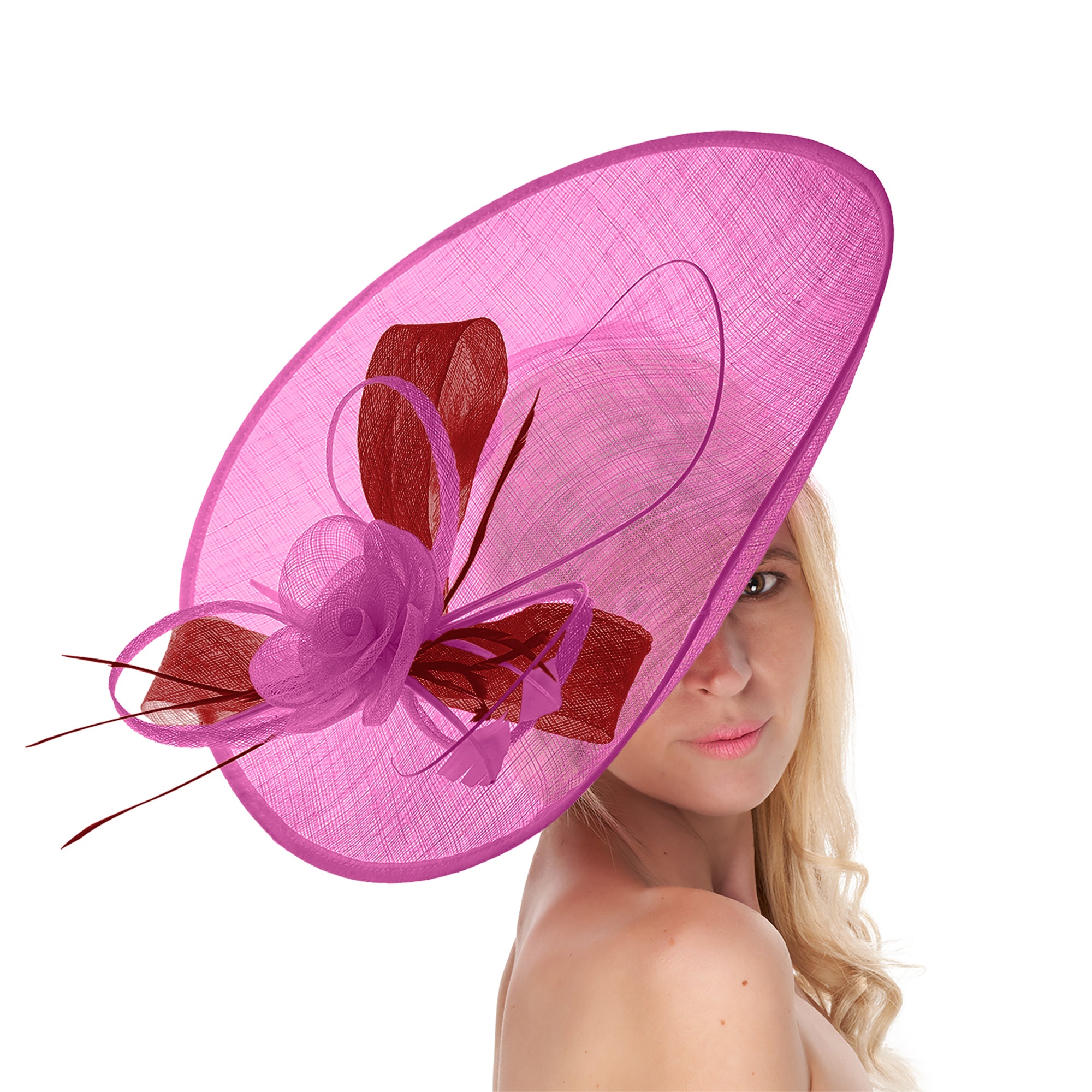 Fuchsia Hot Pink Red Mix 41 cm Grand SInamay Hatinator Disc Soucoupe Bord Chapeau Fascinateur sur Bandeau