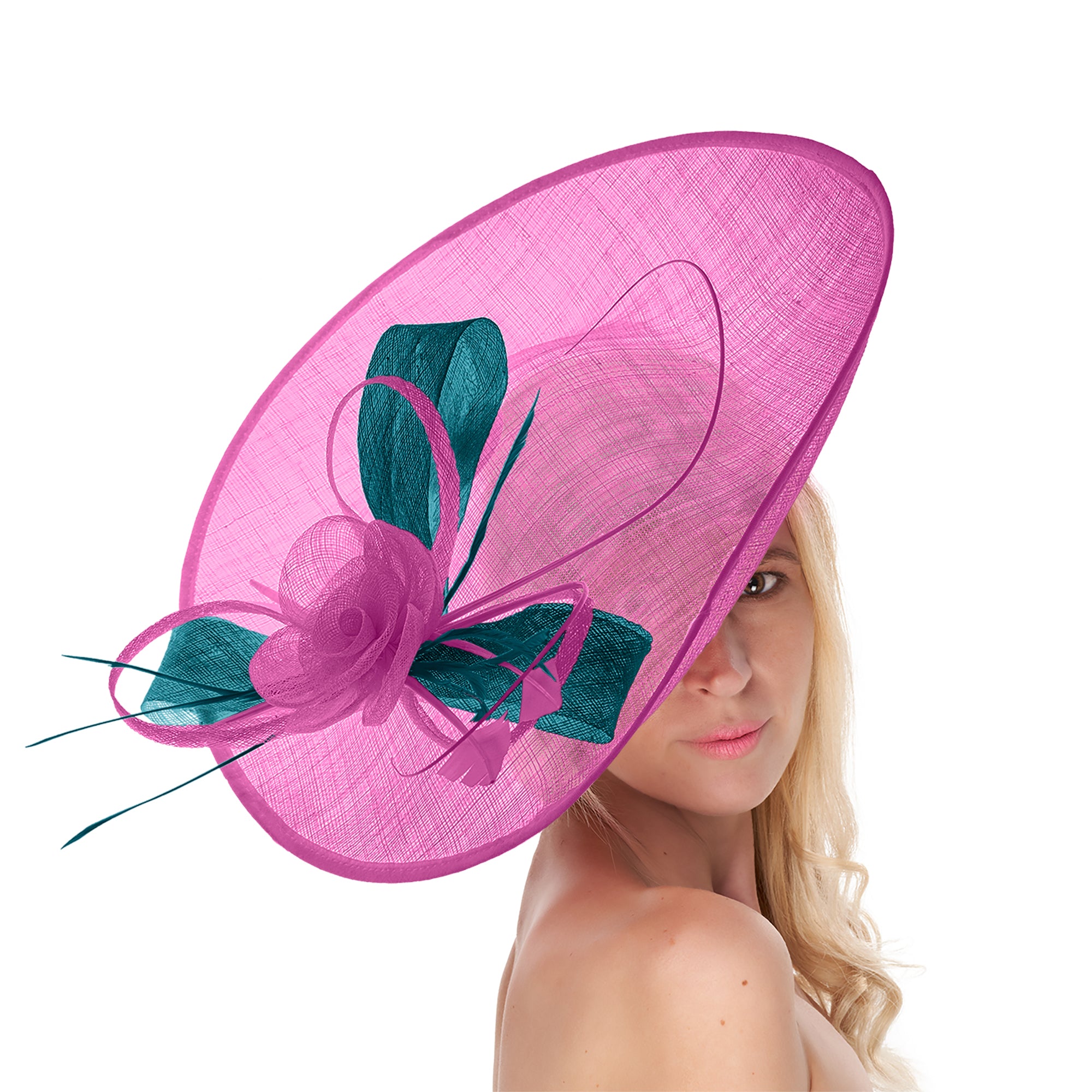 Fuchsia Hot Pink Teal Mix 41cm Large SInamay Hatinator Disc Saucer Brim Hat Fascinator on Headband