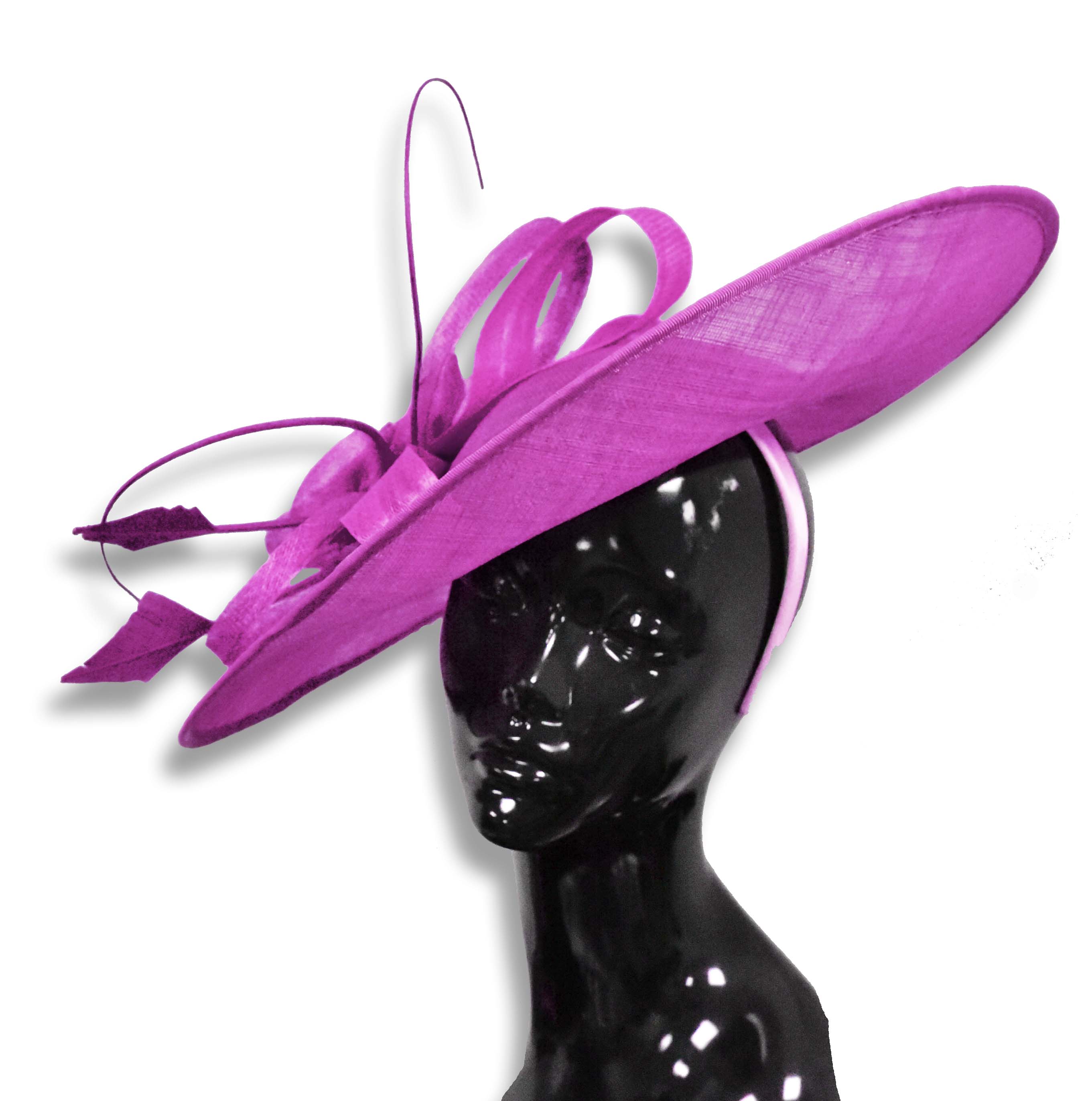 Fuchsia Rose Chaud Lavande Mélange 41 cm Grand SInamay Hatinator Disque Soucoupe Bord Chapeau Fascinateur sur Bandeau