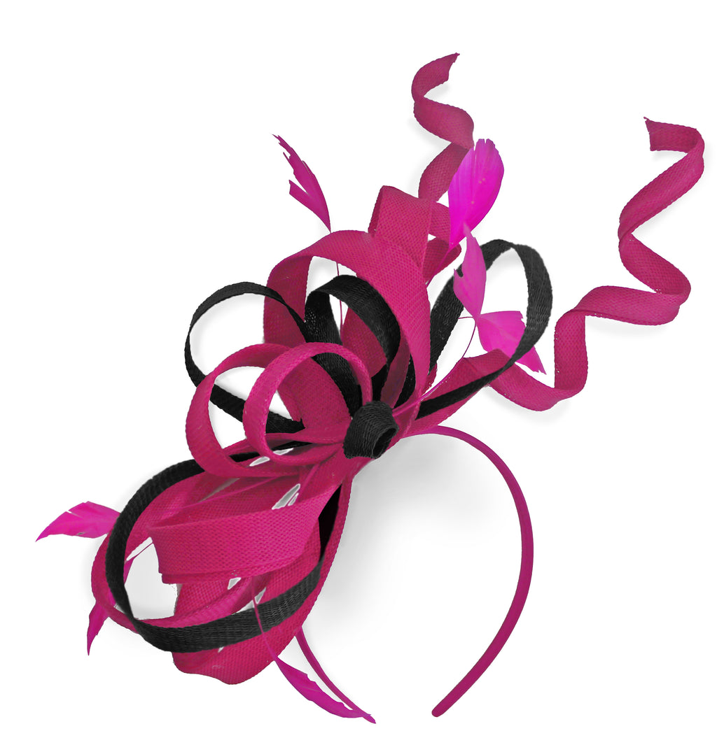 Caprilite Fuchsia Hot Pink and Black Wedding Swirl Fascinator Headband Alice Band Ascot Races Loop Net