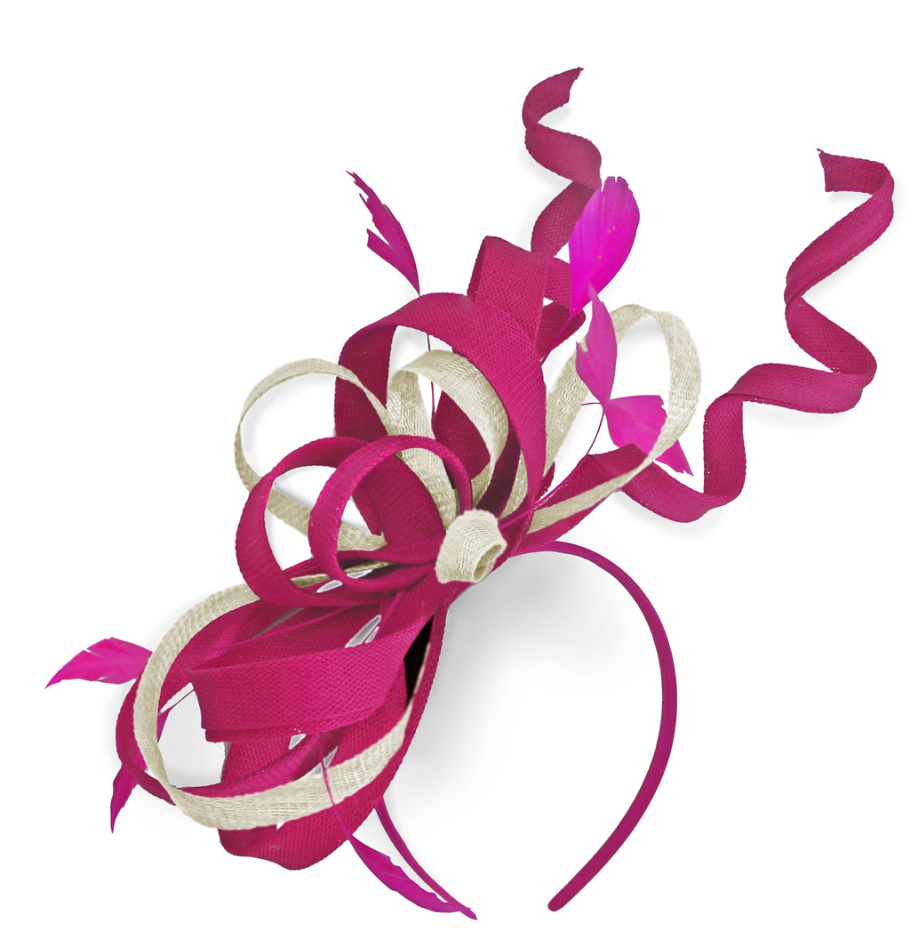 Caprilite Fuchsia Hot Pink and Cream Ivory Wedding Swirl Fascinator Headband Alice Band Ascot Races Loop Net