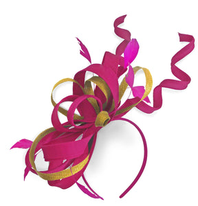 Caprilite Fuchsia Hot Pink and Gold Wedding Swirl Fascinator Headband Alice Band Ascot Races Loop Net