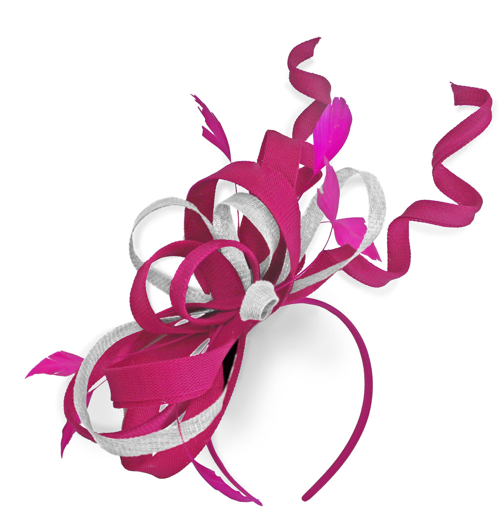 Caprilite Fuchsia Hot Pink and White Wedding Swirl Fascinator Headband Alice Band Ascot Races Loop Net