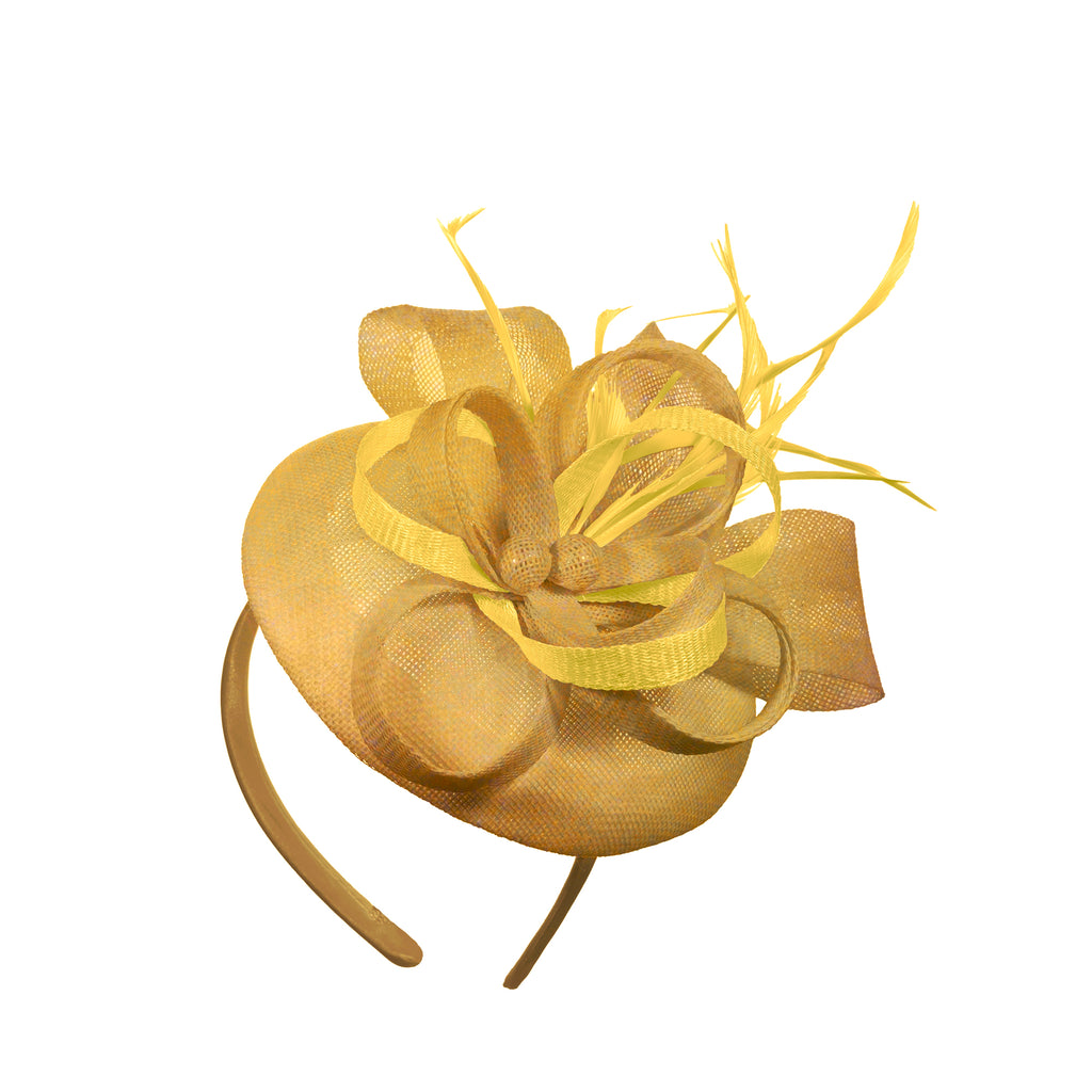 Gold Yellow Mix Round Pillbox Bow Sinamay Headband Fascinator Weddings Ascot Hatinator Races