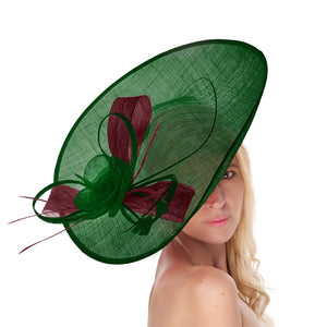 Emerald Green Burgundy Mix 41cm Large SInamay Hatinator Disc Saucer Brim Hat Fascinator on Headband