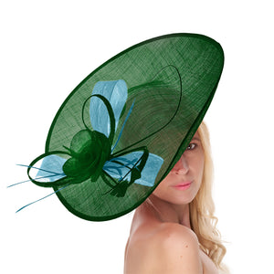 Emerald Green Cornflower Mix 41cm Large SInamay Hatinator Disc Saucer Brim Hat Fascinator on Headband