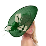 Emerald Green Cream Mix 41cm Large SInamay Hatinator Disc Saucer Brim Hat Fascinator on Headband