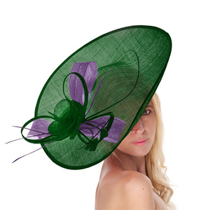 Mélange de lavande vert émeraude 41 cm grand SInamay Hatinator disque soucoupe bord chapeau fascinateur sur bandeau