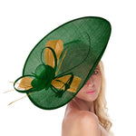 Emerald Green Mustard Mix 41cm Large SInamay Hatinator Disc Saucer Brim Hat Fascinator on Headband