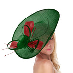 Emerald Green Red Mix 41cm Large SInamay Hatinator Disc Saucer Brim Hat Fascinator on Headband