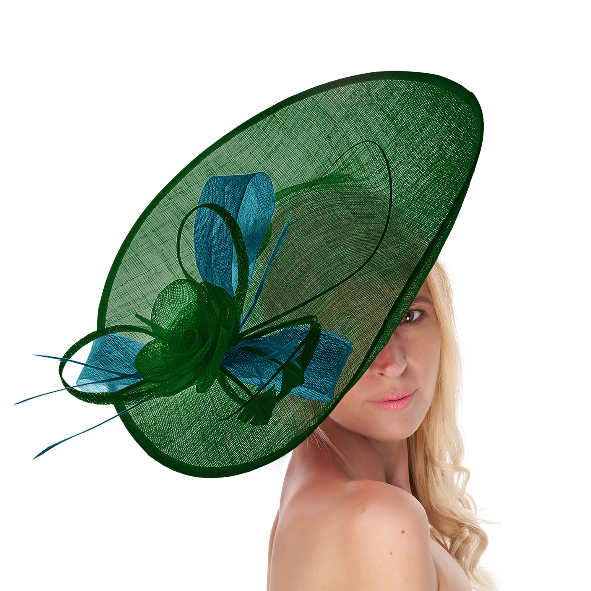 Emerald Green Teal Mix 41cm Large SInamay Hatinator Disc Saucer Brim Hat Fascinator on Headband