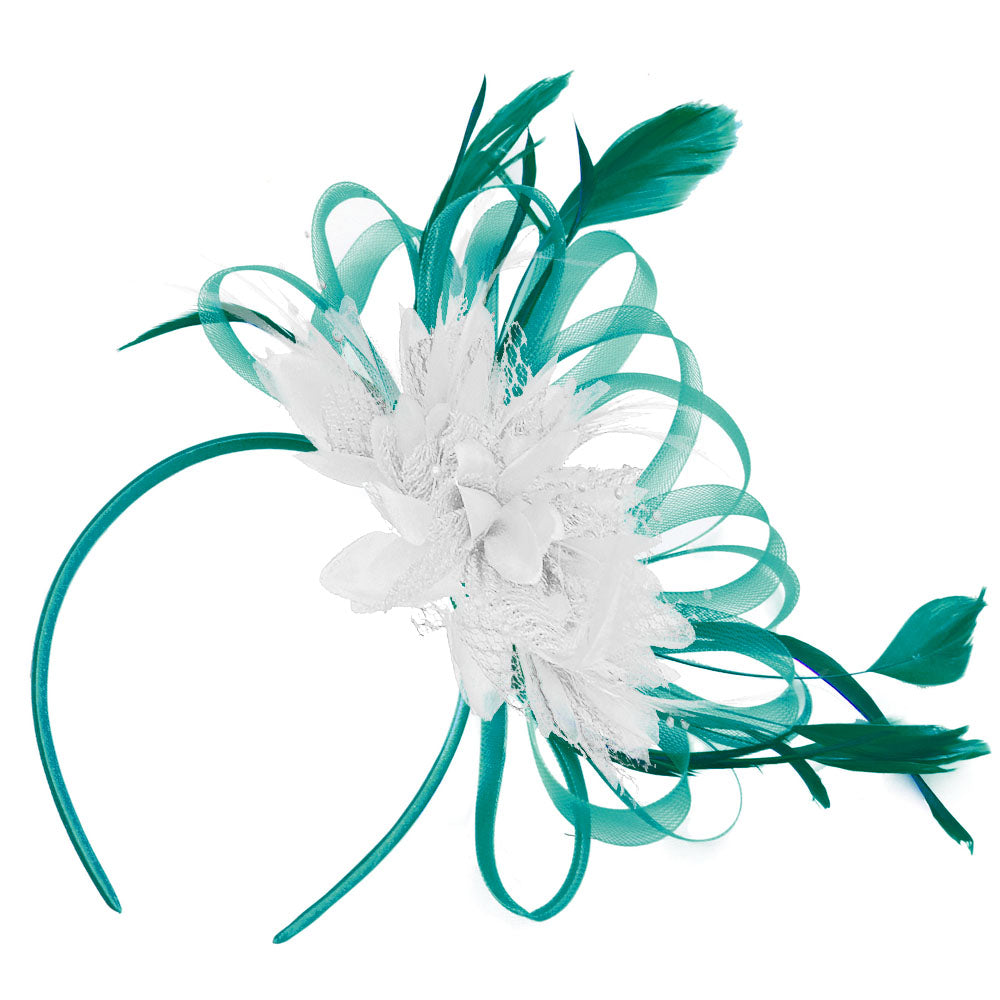 Teal and White Hoopmix Fascinator on Headband