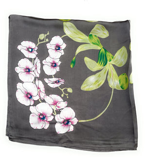 70cm x 70cm Square Scarf Grey Lime Orchid Flower Scarf Thin Faux Silk