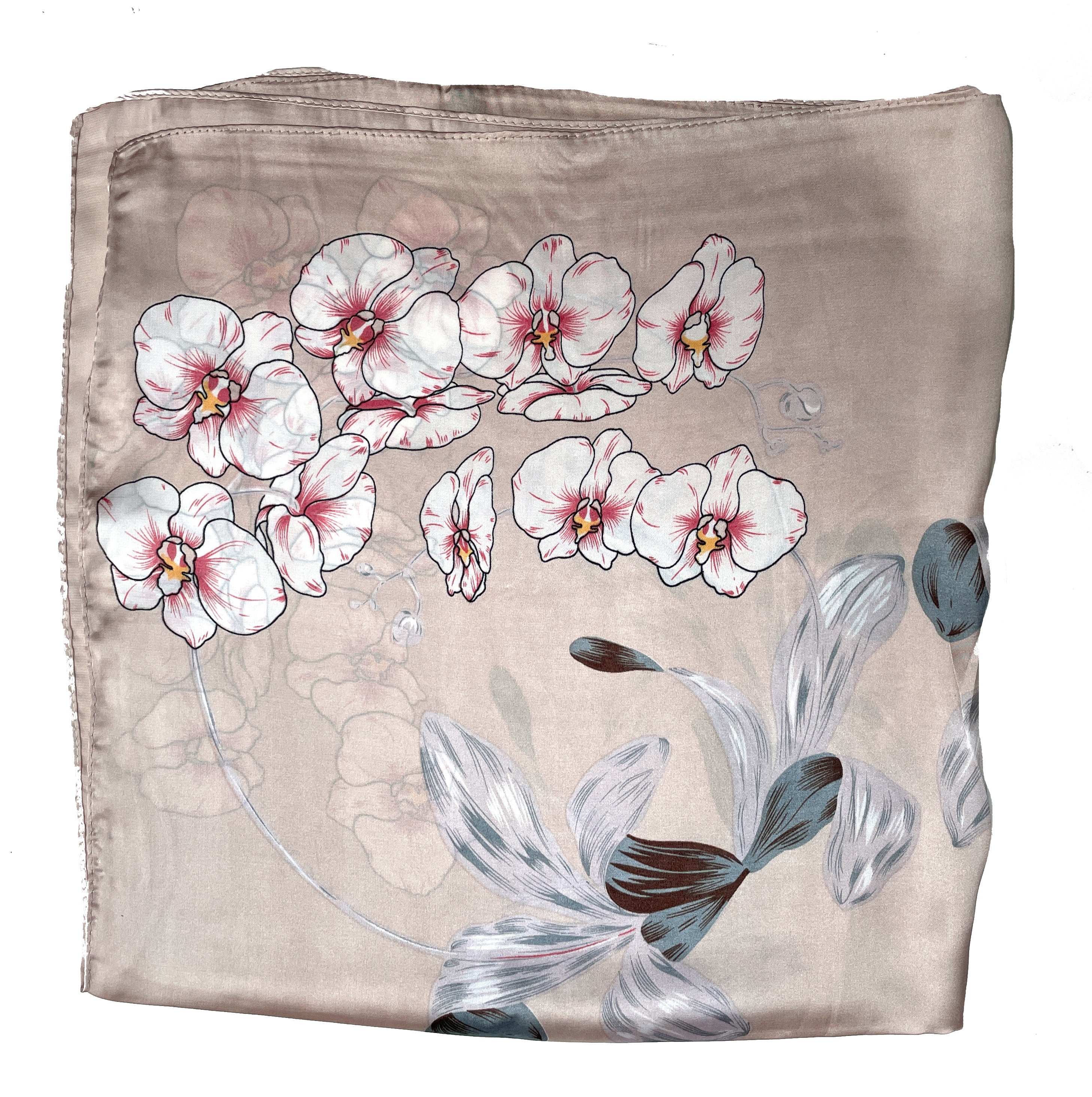 Écharpe carrée en fausse soie, 70cm x 70cm, rose pâle, fleur d'orchidée