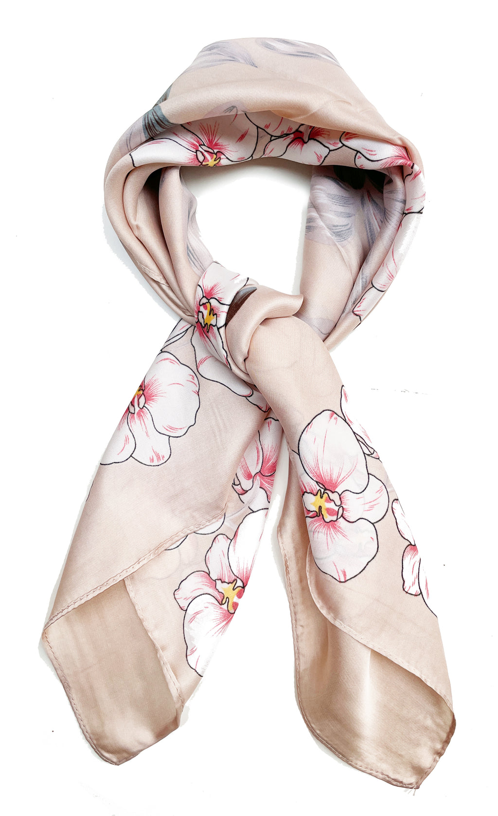 Écharpe carrée en fausse soie, 70cm x 70cm, rose pâle, fleur d'orchidée