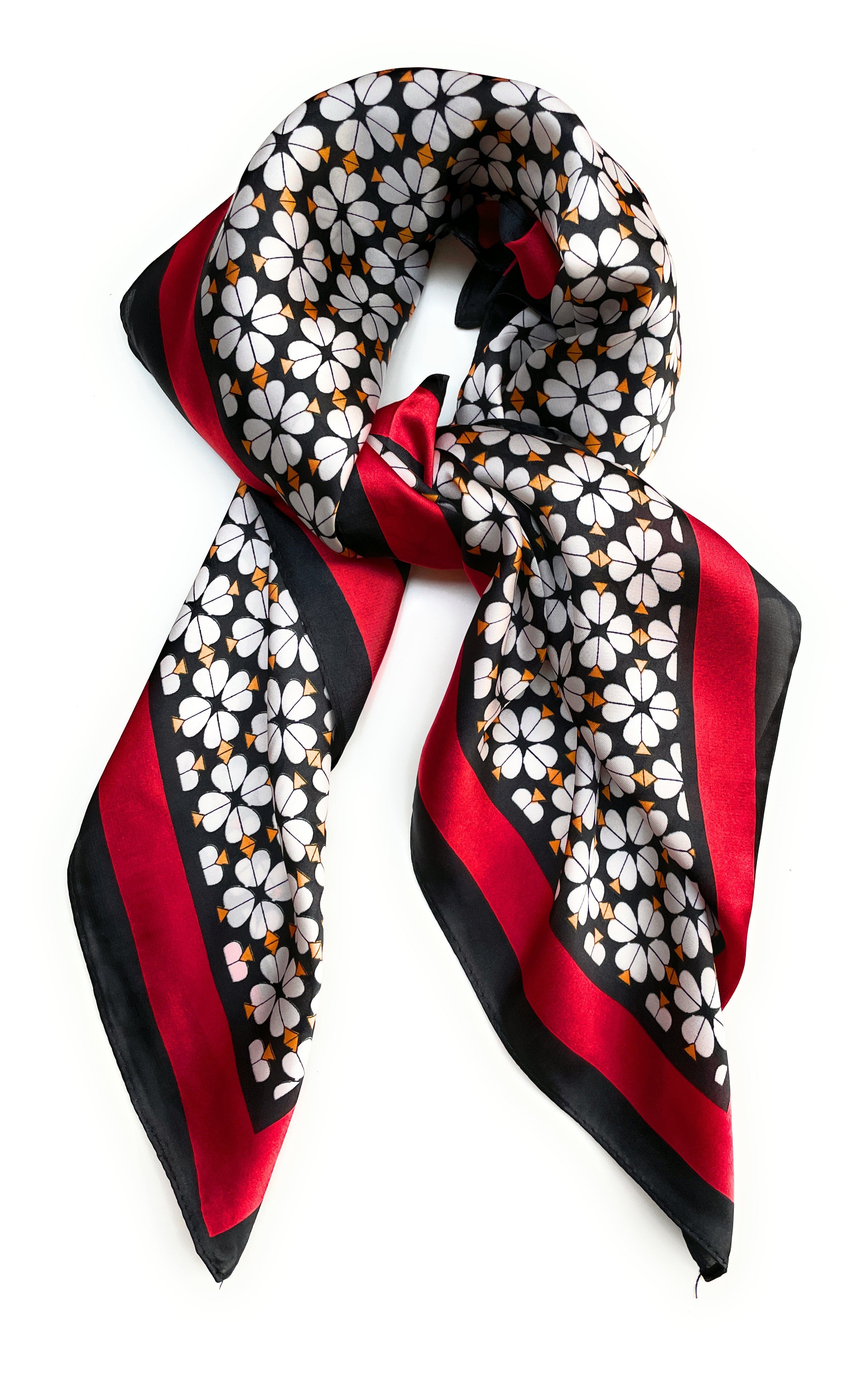 Foulard carré en soie pour femmes, 70cm x 70cm, noir, rouge, blanc, fleurs, écharpe fine pour femmes