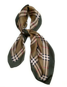 70cm x 70cm Square Scarf Brown Green Checked Print Pattern Scarf Thin Silky Womens Summer Spring