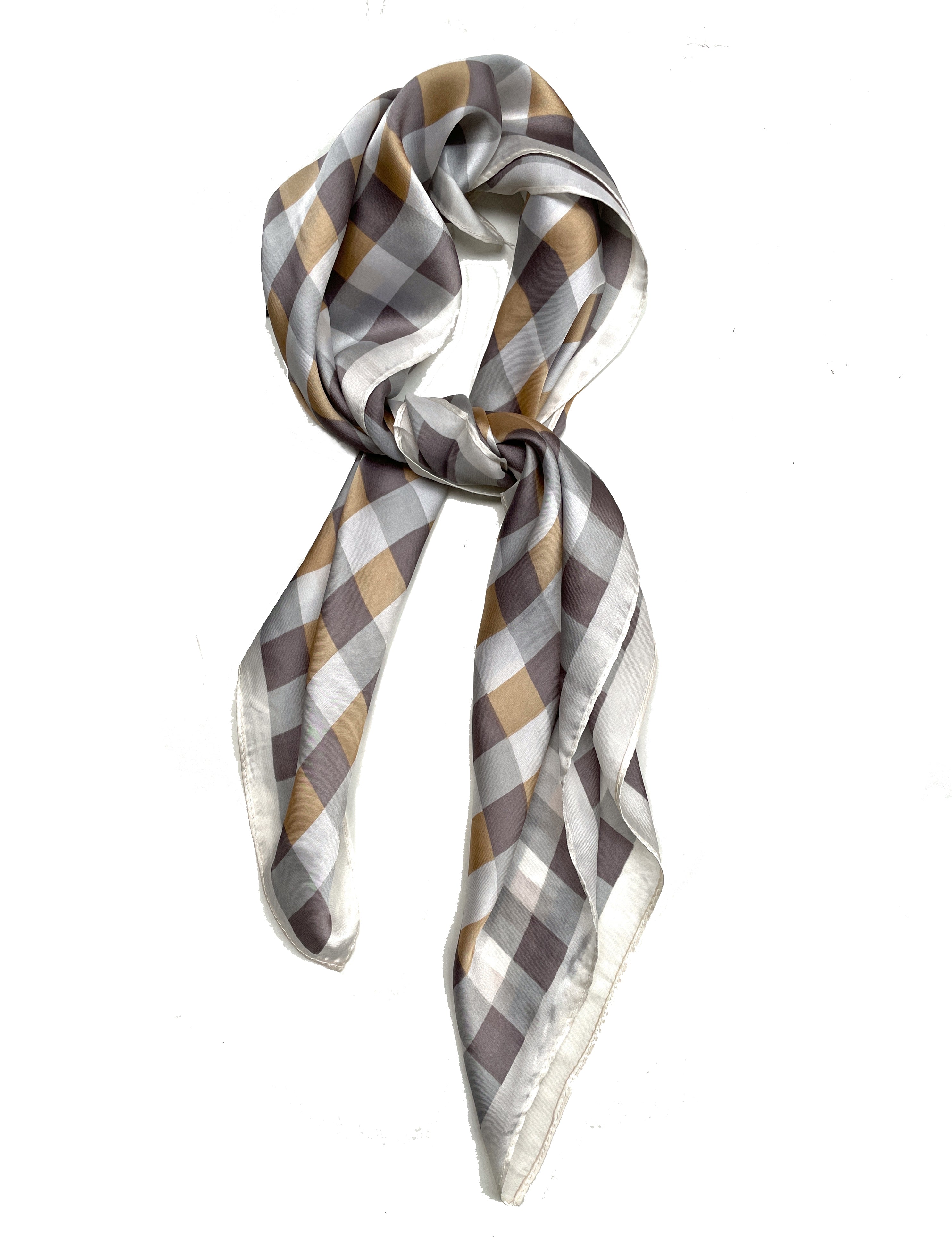 70cm x 70cm Square Scarf Beige Brown Checkered Print Pattern Scarf Thin Silky Womens Summer Spring